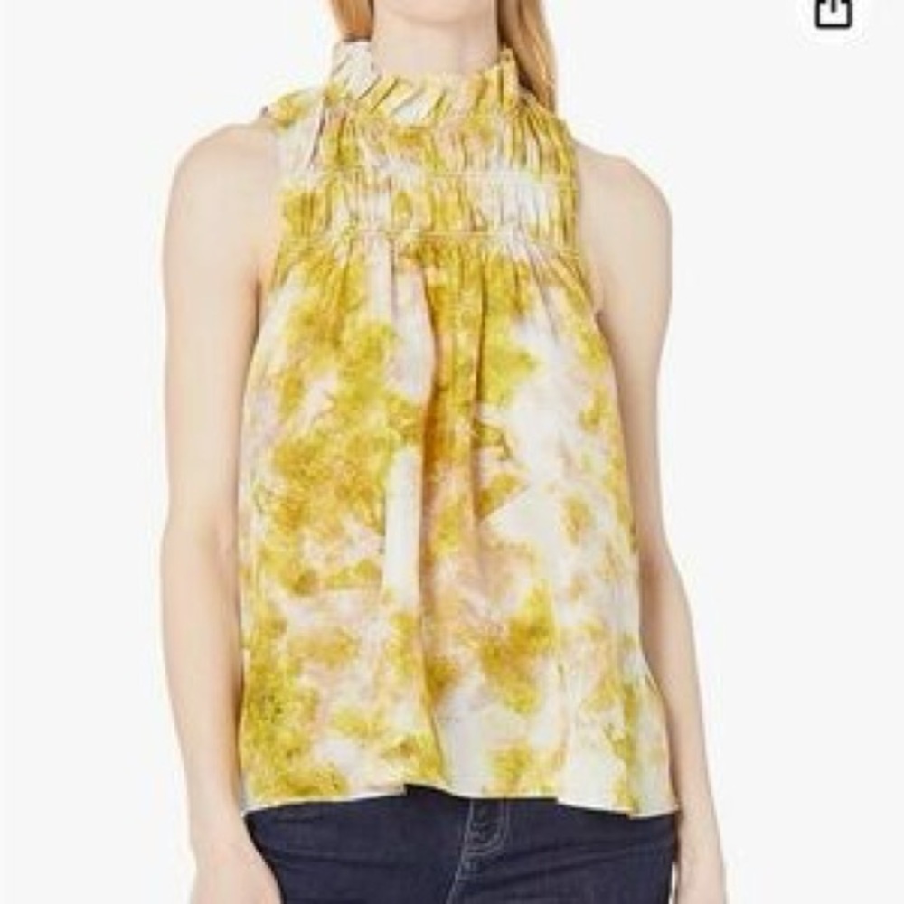 Joie Summer Porcelain Smocked High Neck Sleeveless Blouse Yellow White XXL